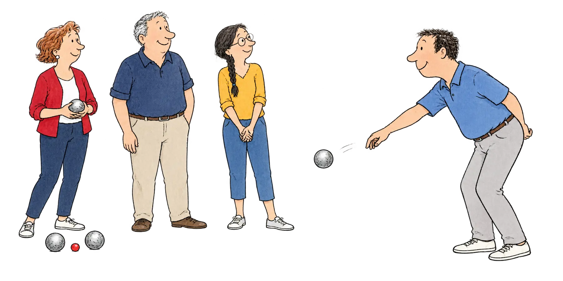 Eine Gruppe beim Boule, einer wirft gerade