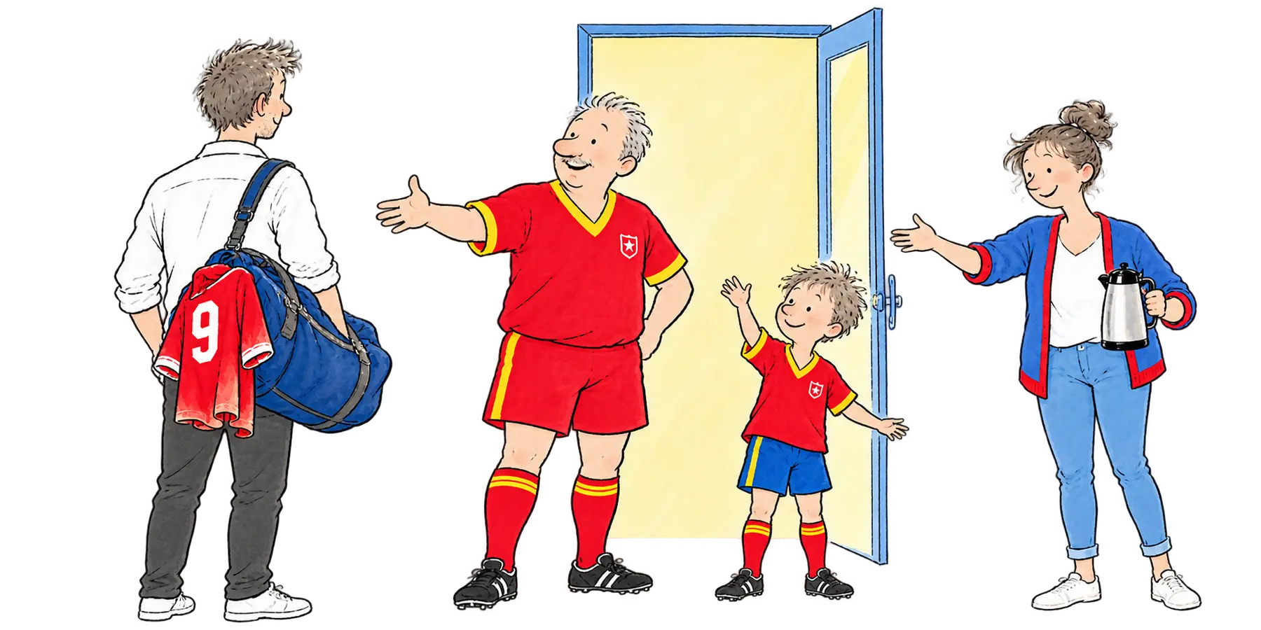 Ein Mann mit alter Sporttasche und dem Trikot mit der Nummer 9 kommt zum Vereinsheim zurück. An der offenen Tür winken ihn ein Spieler, ein Kind und eine Frau mit Kaffeekanne herein, daneben liegt der Mitgliedsantrag auf einem Tisch.
